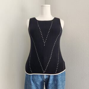 Vintage 90s Casual Corner Black Tan Ribbed Cotton Sleeveless Knit Tank Top S